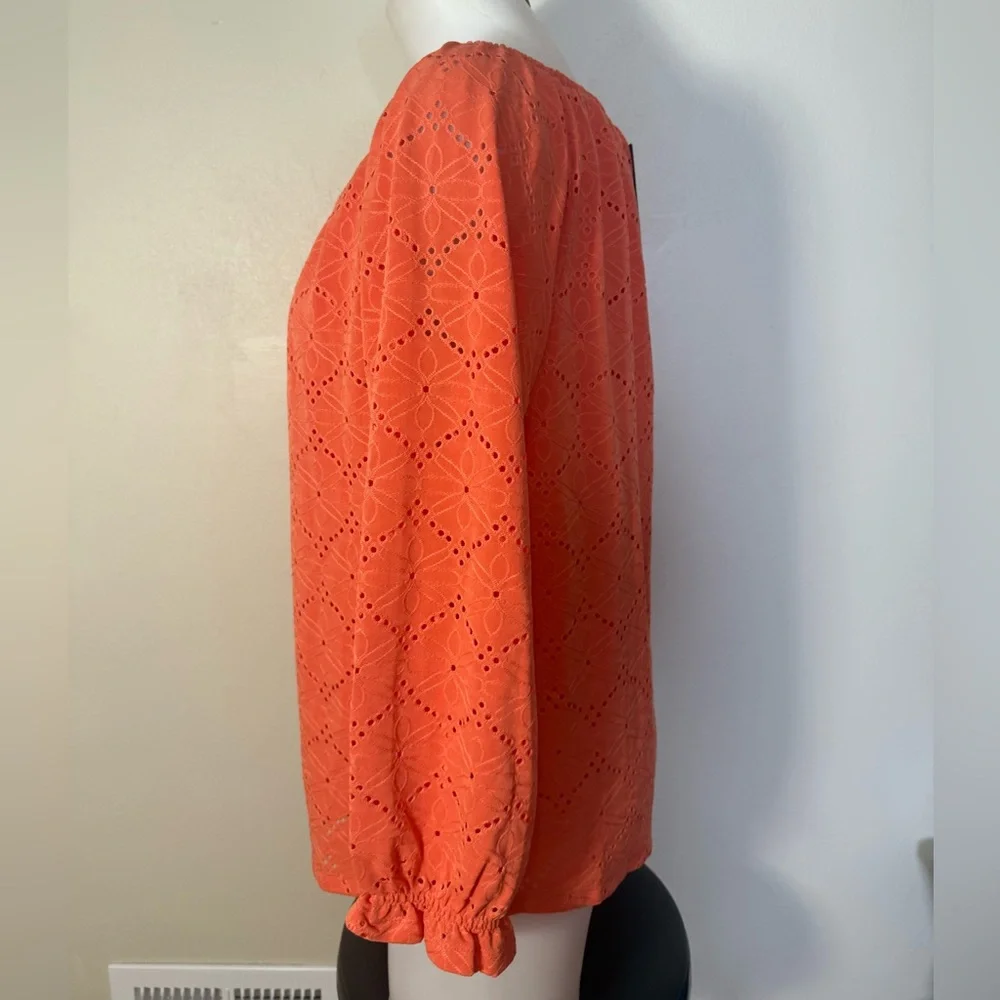 Rafaella Top Eyelet Peasant Blouse M 3/4 Sleeve Tie Front NWT Orange Boho Medium - Picture 6 of 9